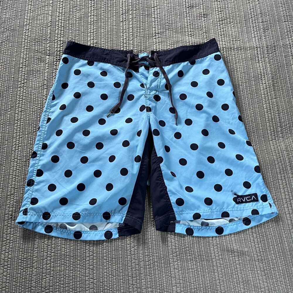RVCA VA Board Shorts Men’s 36 Light Blue Black Polka Dot Swim Surf Trunks